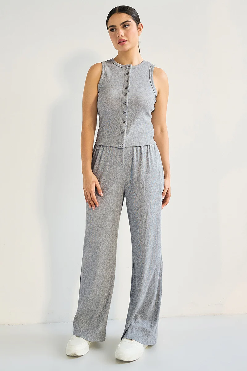 KATCH ME Stretchy Round Neck Button Tank Co-ord Set