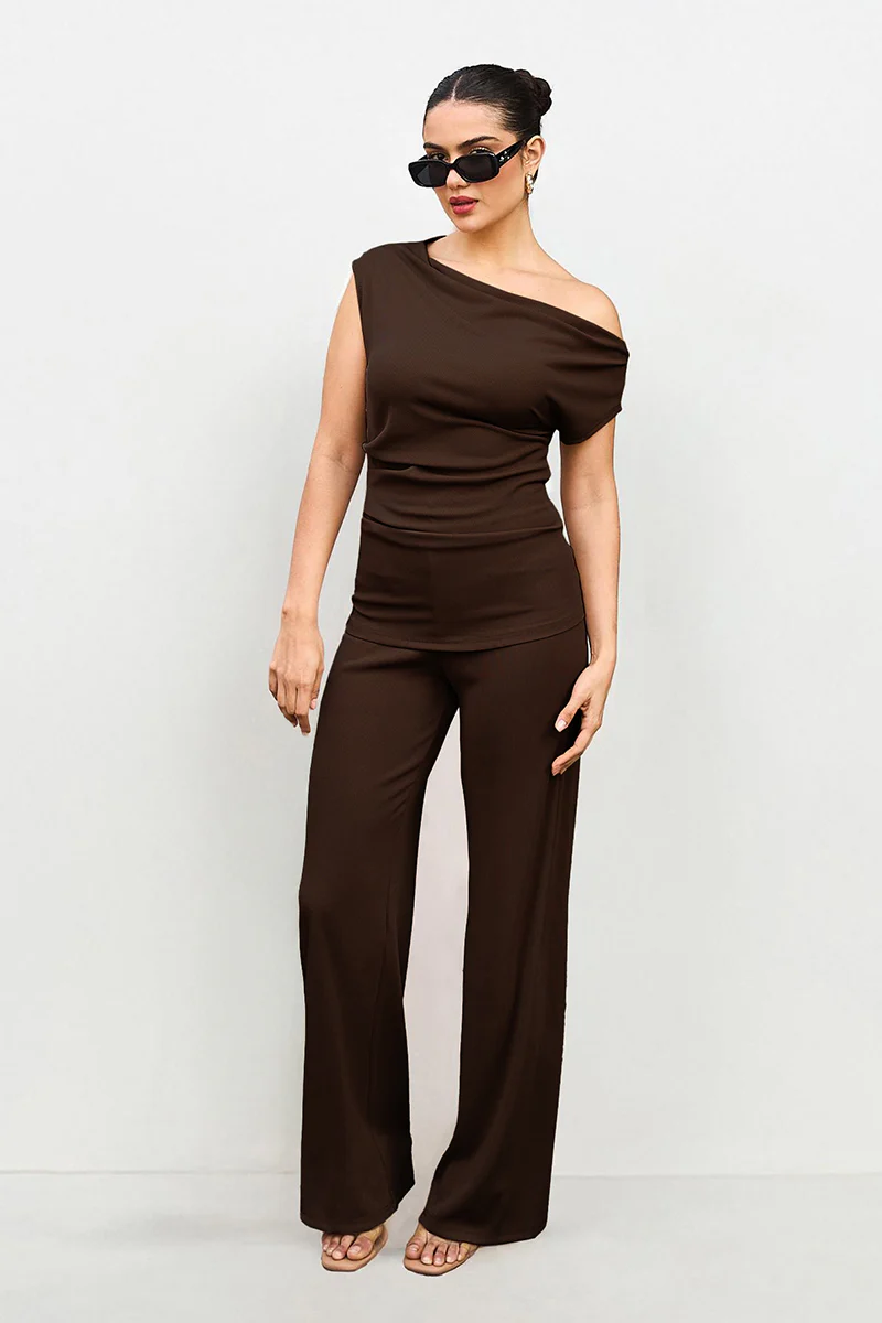 KATCH ME Solid Sloping Shoulder Slim Wide-Leg Co-ord Set - Image 10