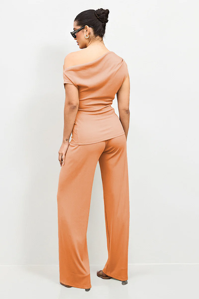 KATCH ME Solid Sloping Shoulder Slim Wide-Leg Co-ord Set - Image 12