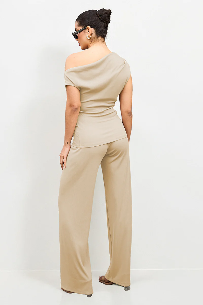 KATCH ME Solid Sloping Shoulder Slim Wide-Leg Co-ord Set - Image 2