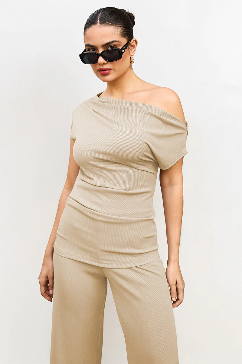 KATCH ME Solid Sloping Shoulder Slim Wide-Leg Co-ord Set - Image 3
