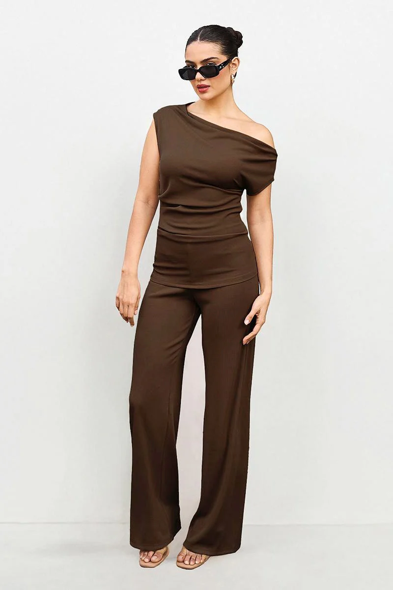 KATCH ME Solid Sloping Shoulder Slim Wide-Leg Co-ord Set - Image 4