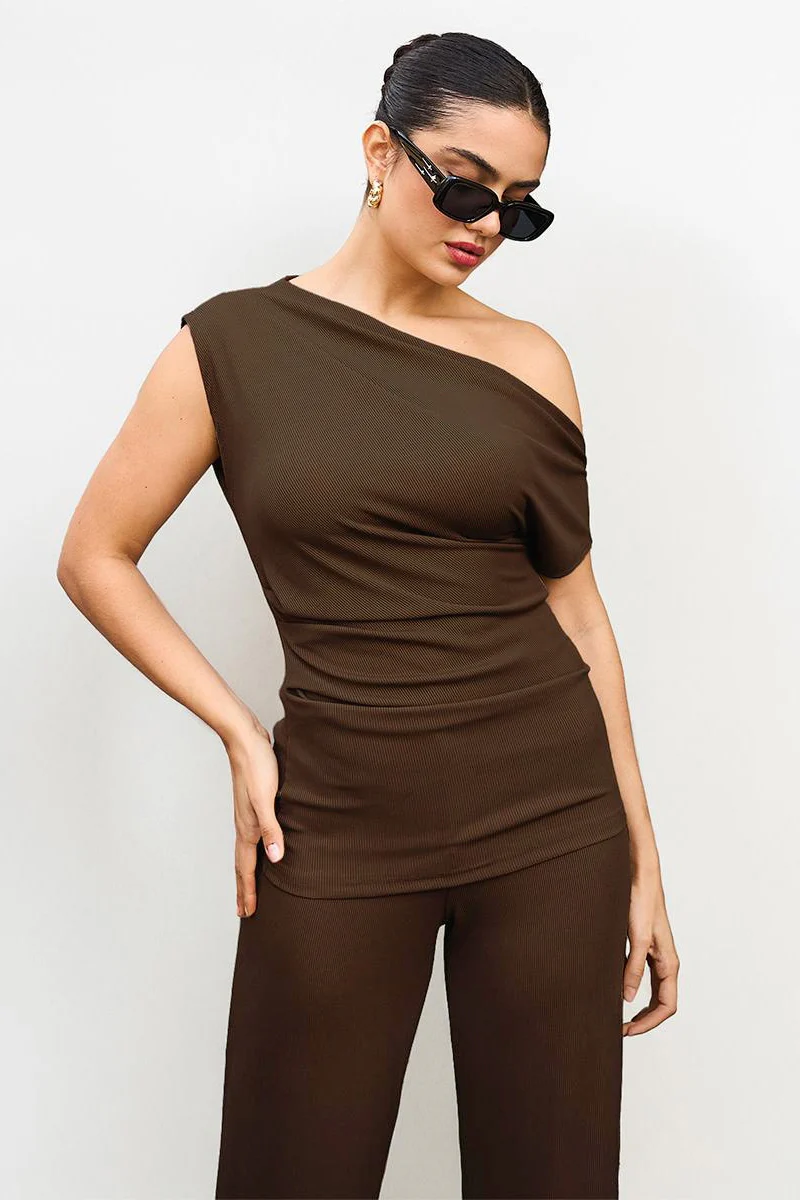 KATCH ME Solid Sloping Shoulder Slim Wide-Leg Co-ord Set - Image 5