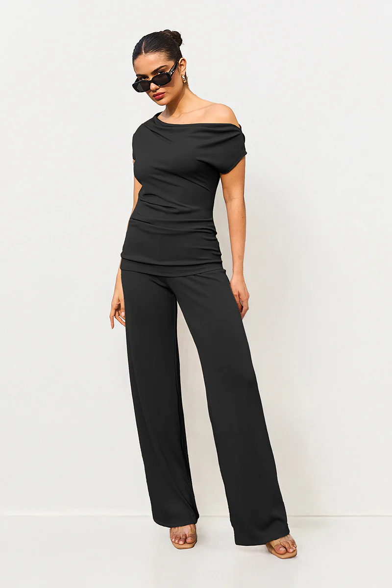 KATCH ME Solid Sloping Shoulder Slim Wide-Leg Co-ord Set - Image 6