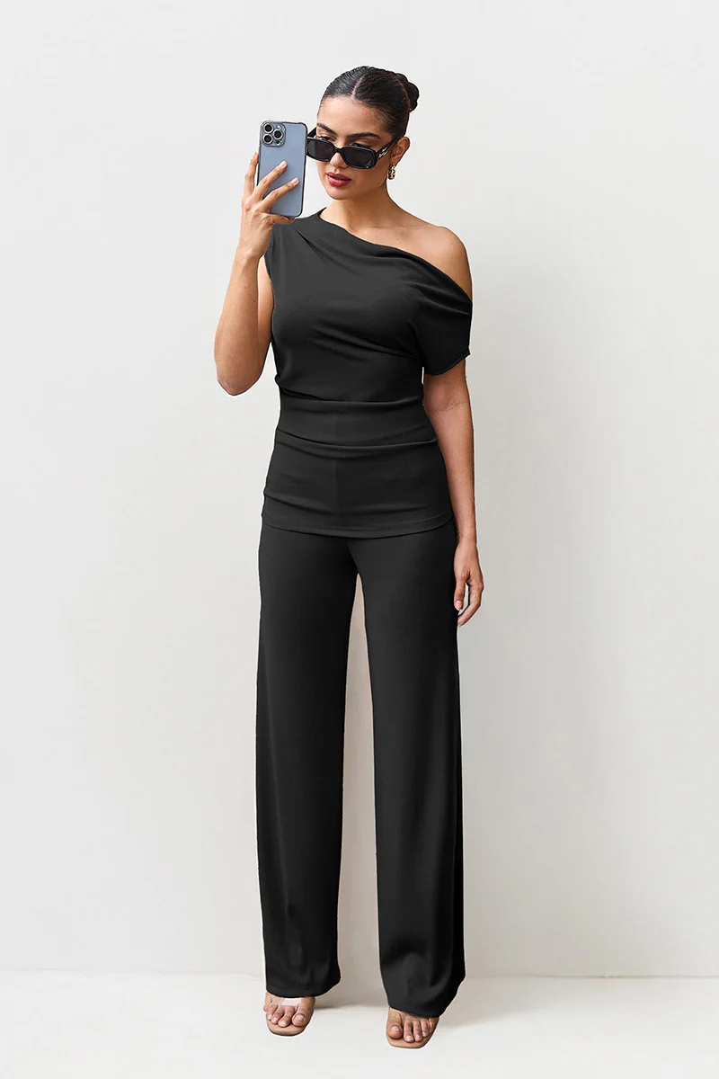 KATCH ME Solid Sloping Shoulder Slim Wide-Leg Co-ord Set - Image 8