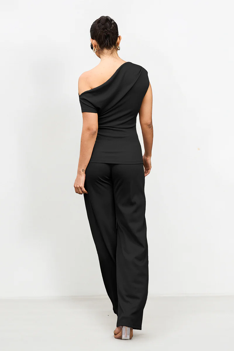 KATCH ME Solid Sloping Shoulder Slim Wide-Leg Co-ord Set - Image 9