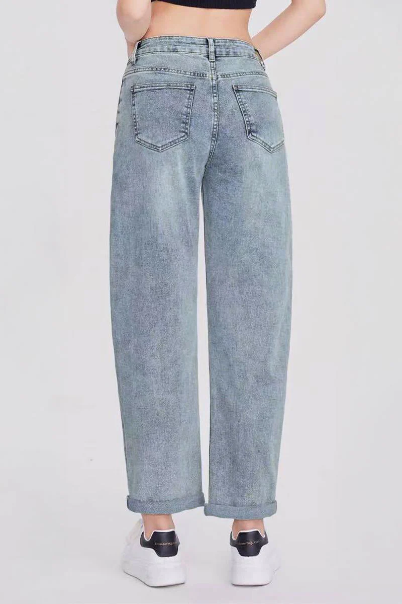 KATCH ME Mid-Rise Roll Cuff Wide-Leg Vintage Multi-Pocket Jeans - Image 2