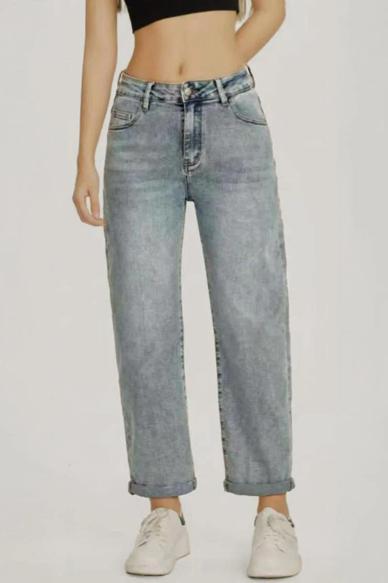 KATCH ME Mid-Rise Roll Cuff Wide-Leg Vintage Multi-Pocket Jeans - Image 3