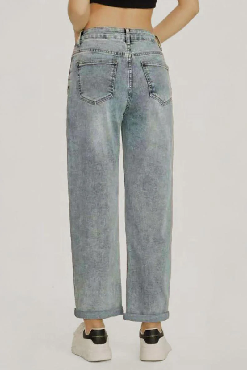 KATCH ME Mid-Rise Roll Cuff Wide-Leg Vintage Multi-Pocket Jeans - Image 4