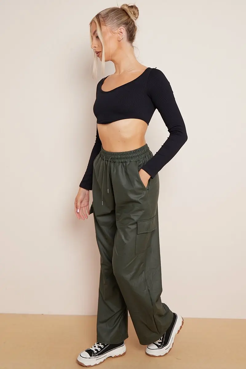KATCH ME Minimalist Drawstring Waist Wide Leg PU Cargo Pants - Image 14