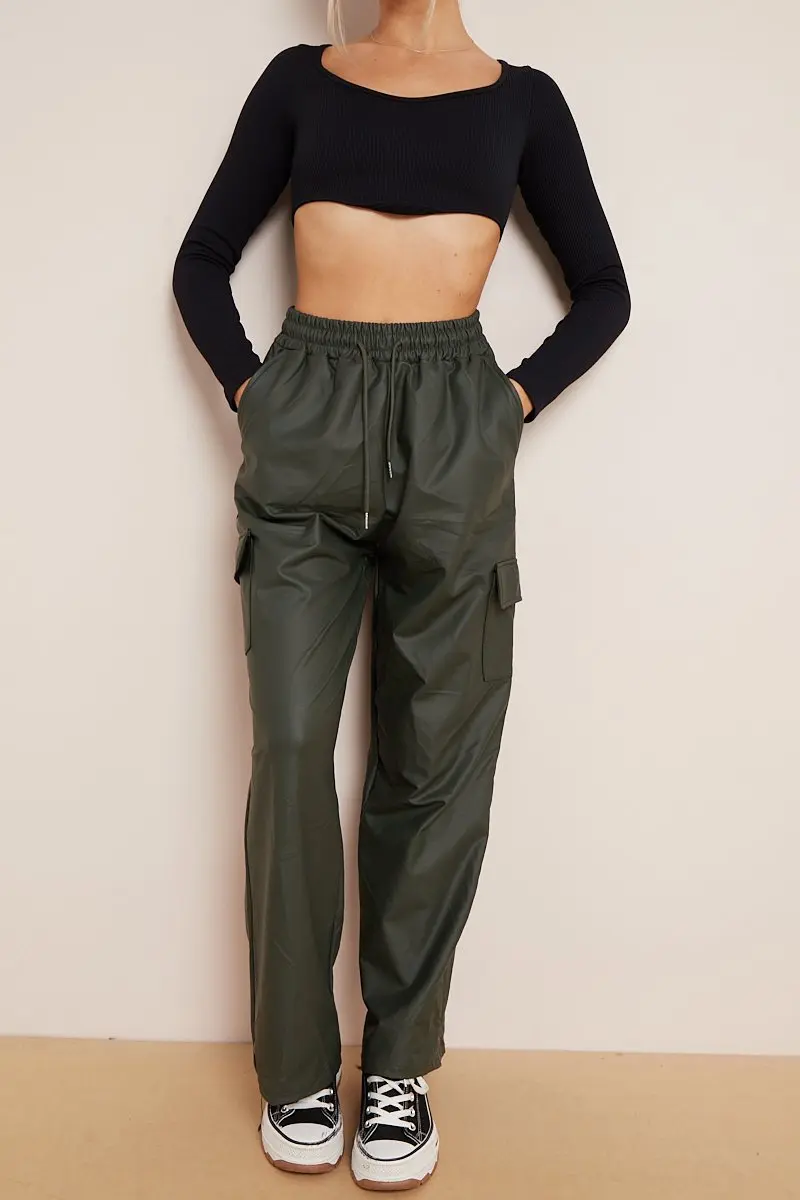 KATCH ME Minimalist Drawstring Waist Wide Leg PU Cargo Pants - Image 15