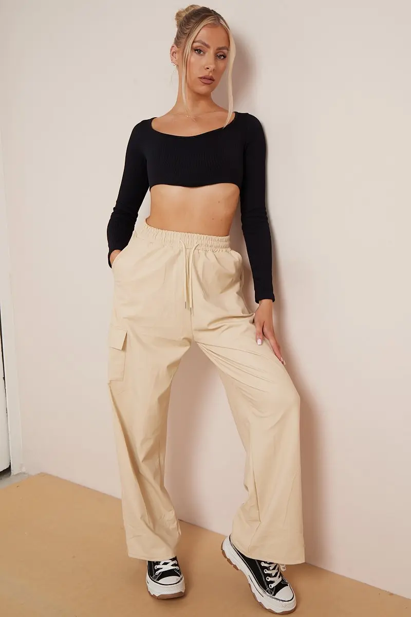 KATCH ME Minimalist Drawstring Waist Wide Leg PU Cargo Pants - Image 19