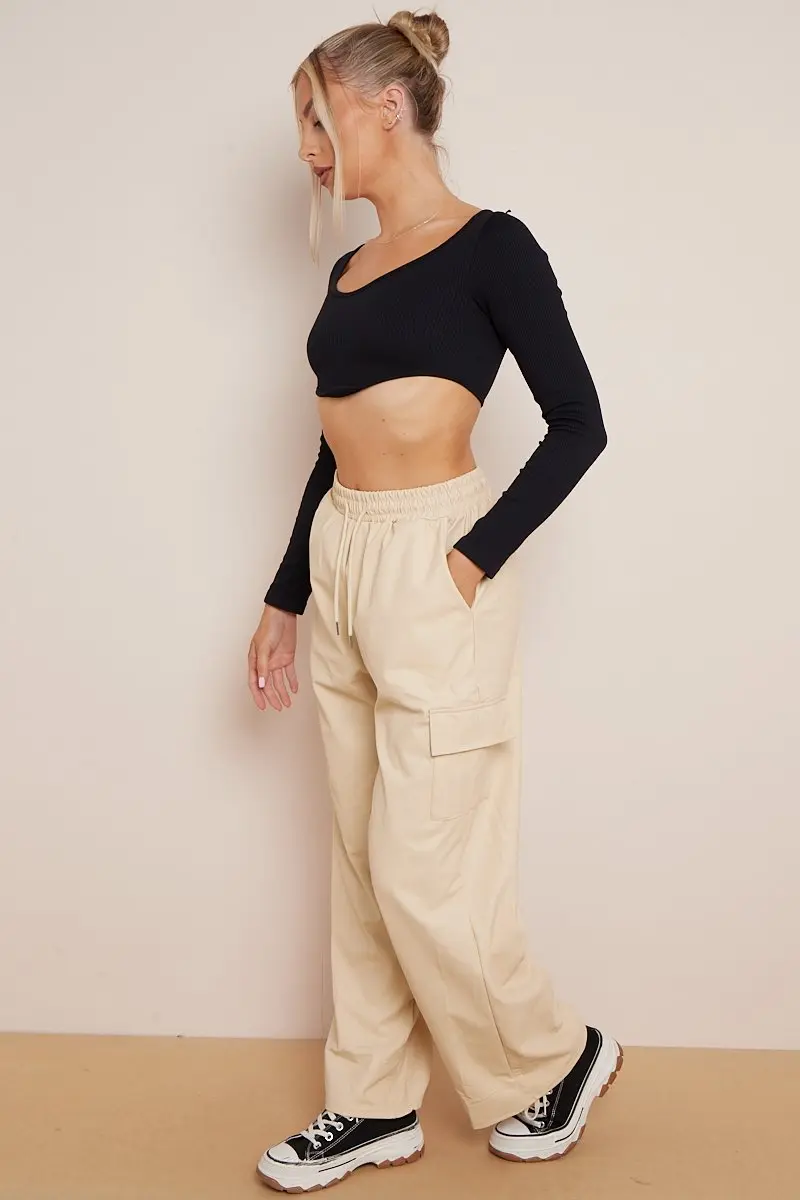 KATCH ME Minimalist Drawstring Waist Wide Leg PU Cargo Pants - Image 21