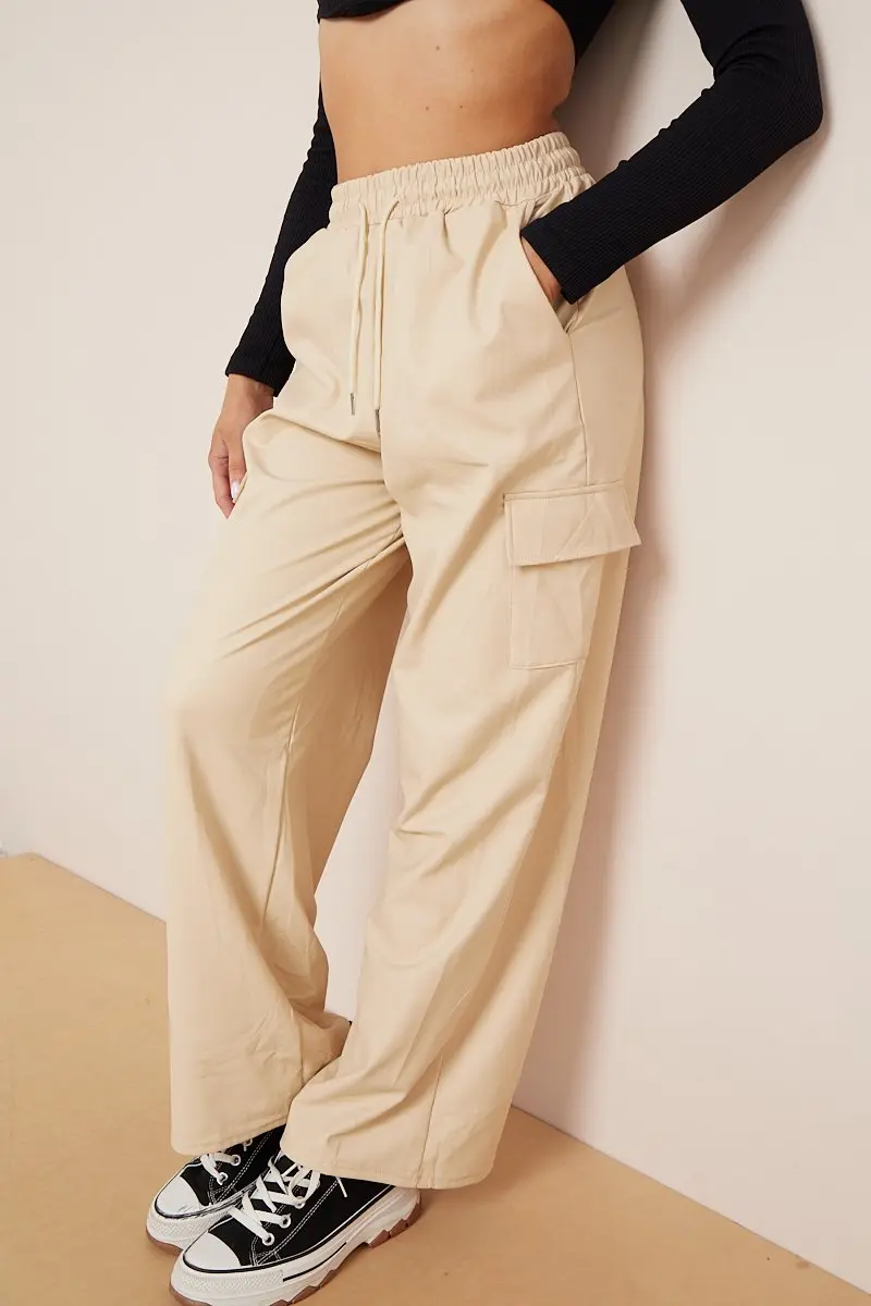 KATCH ME Minimalist Drawstring Waist Wide Leg PU Cargo Pants - Image 22