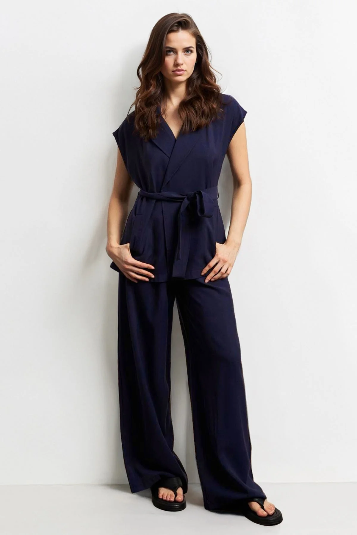 KATCH ME Notch Lapel Cap Sleeve Waist Tie Blazer & Wide Leg Trousers Co-ord Set