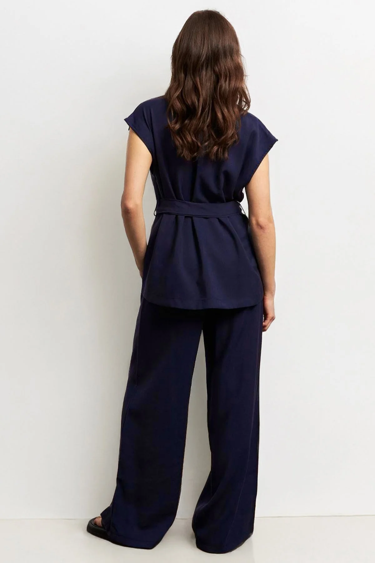 KATCH ME Notch Lapel Cap Sleeve Waist Tie Blazer & Wide Leg Trousers Co-ord Set - Image 2