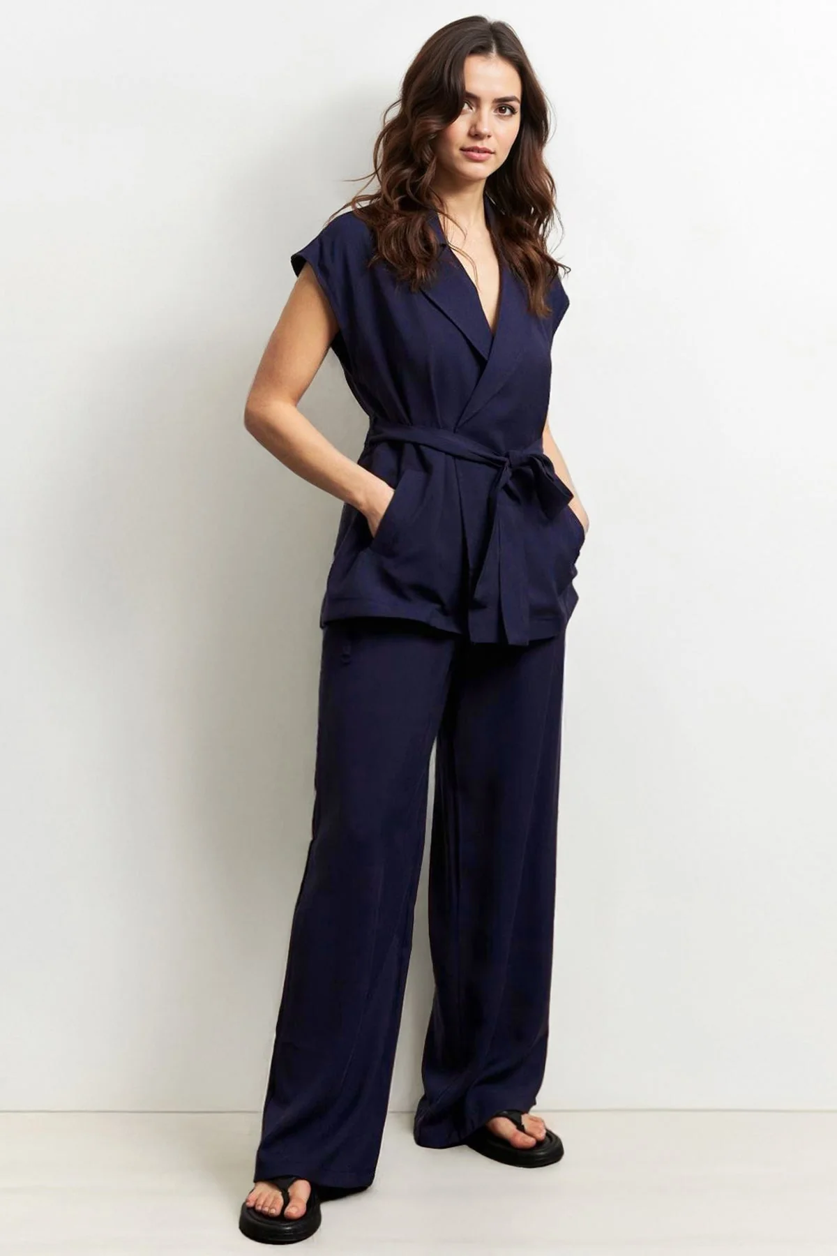 KATCH ME Notch Lapel Cap Sleeve Waist Tie Blazer & Wide Leg Trousers Co-ord Set - Image 3