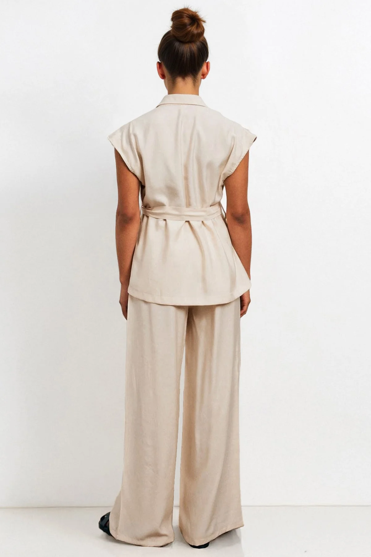 KATCH ME Notch Lapel Cap Sleeve Waist Tie Blazer & Wide Leg Trousers Co-ord Set - Image 5