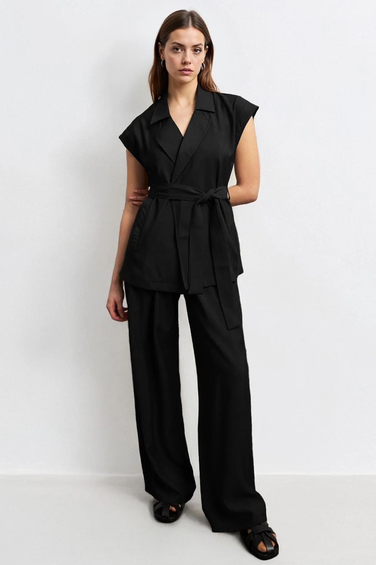 KATCH ME Notch Lapel Cap Sleeve Waist Tie Blazer & Wide Leg Trousers Co-ord Set - Image 6