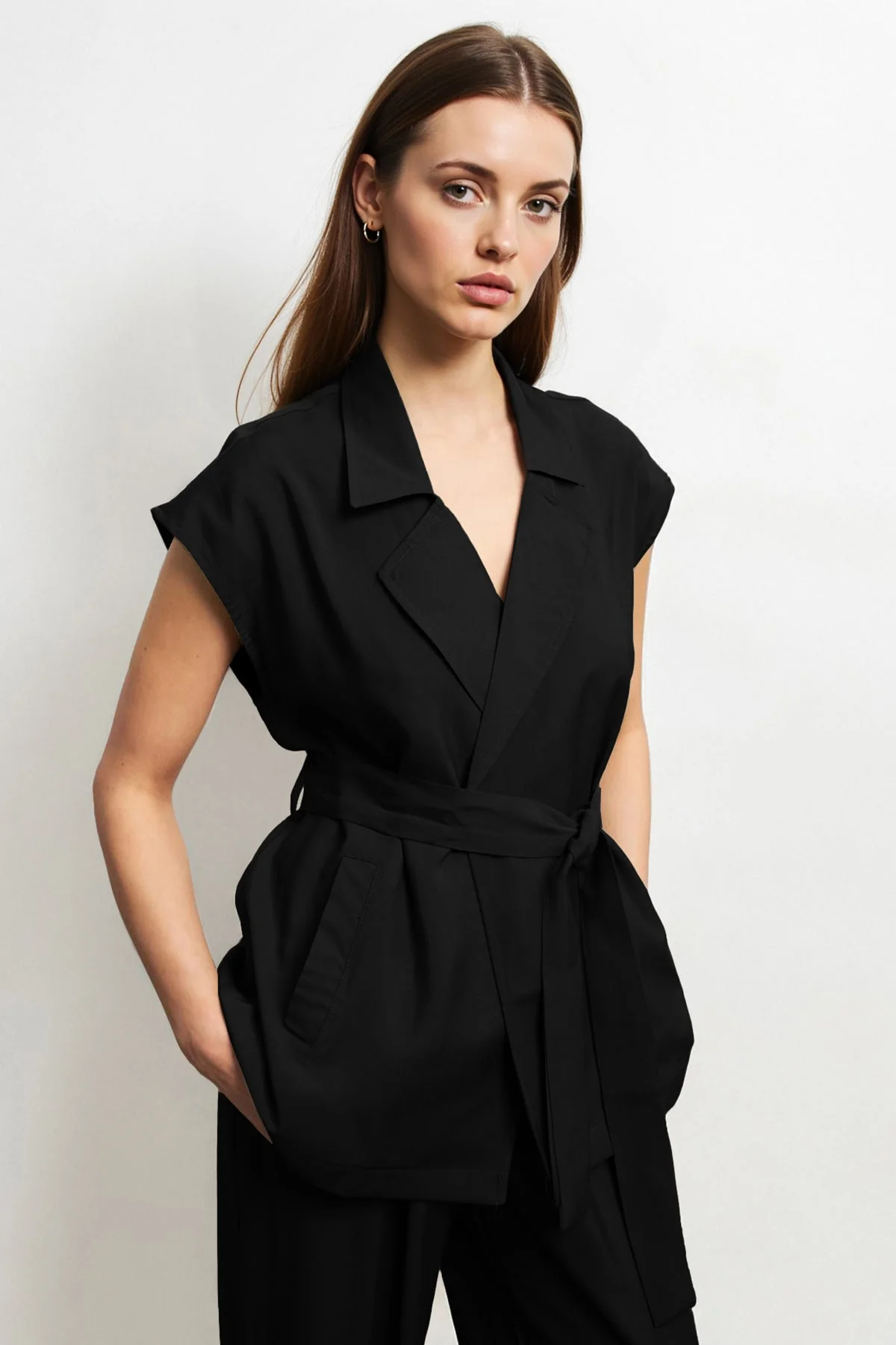 KATCH ME Notch Lapel Cap Sleeve Waist Tie Blazer & Wide Leg Trousers Co-ord Set - Image 8