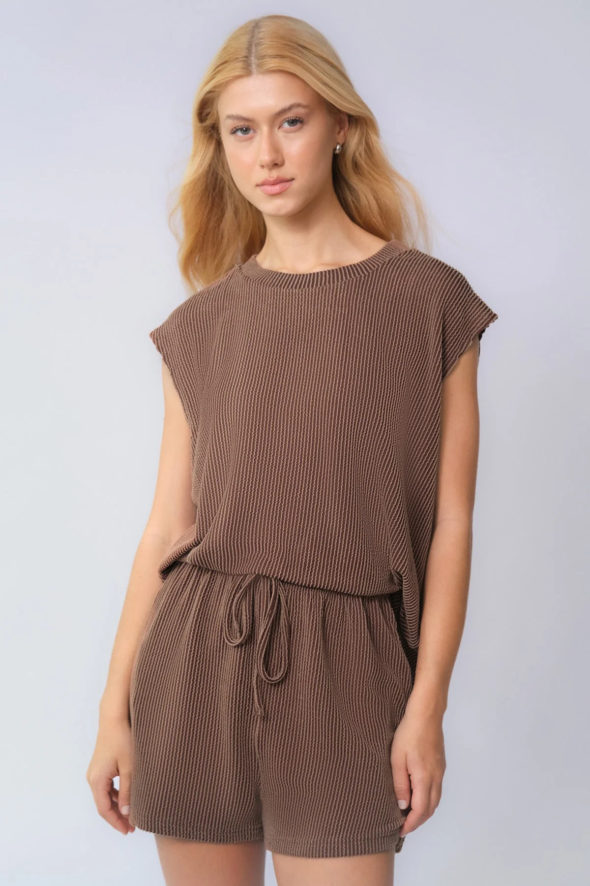KATCH ME Pinstripe Cap Sleeve Top & Drawstring Shorts Co-ord Set
