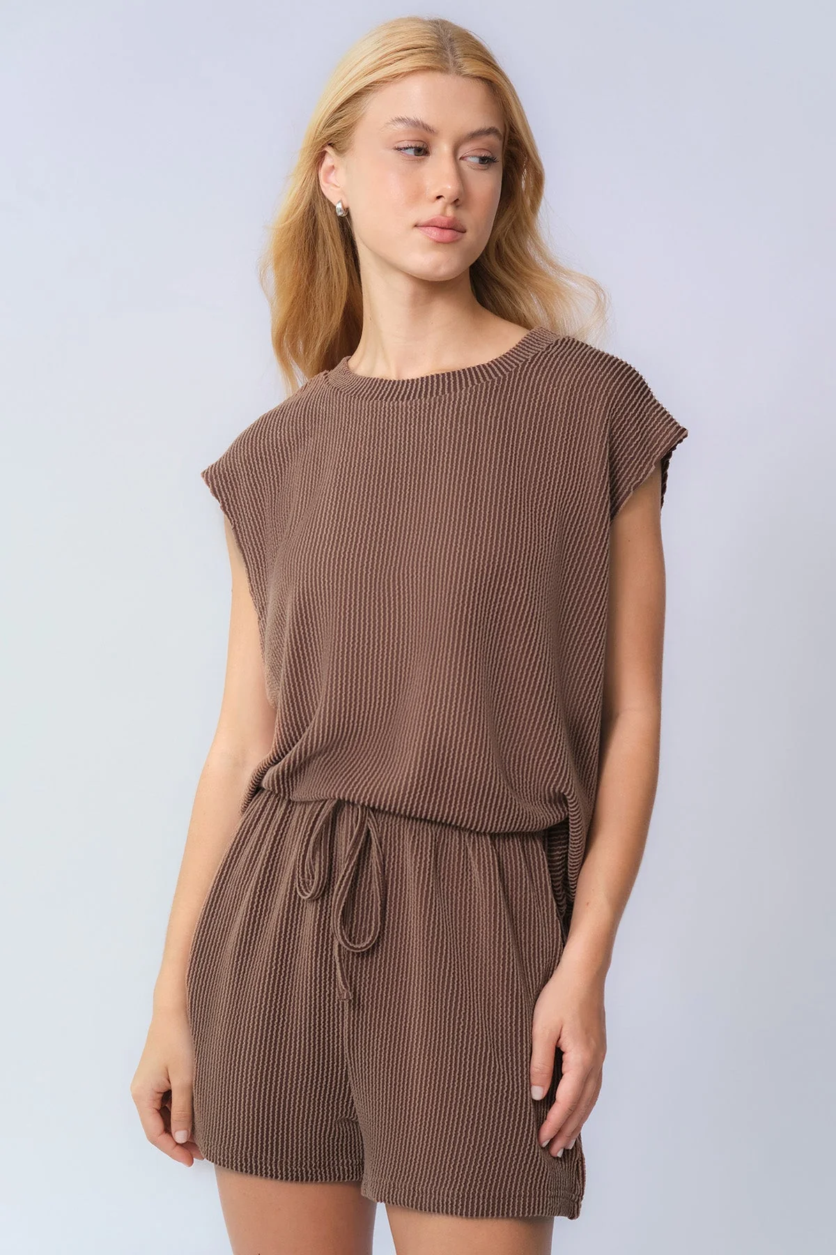 KATCH ME Pinstripe Cap Sleeve Top & Drawstring Shorts Co-ord Set - Image 3