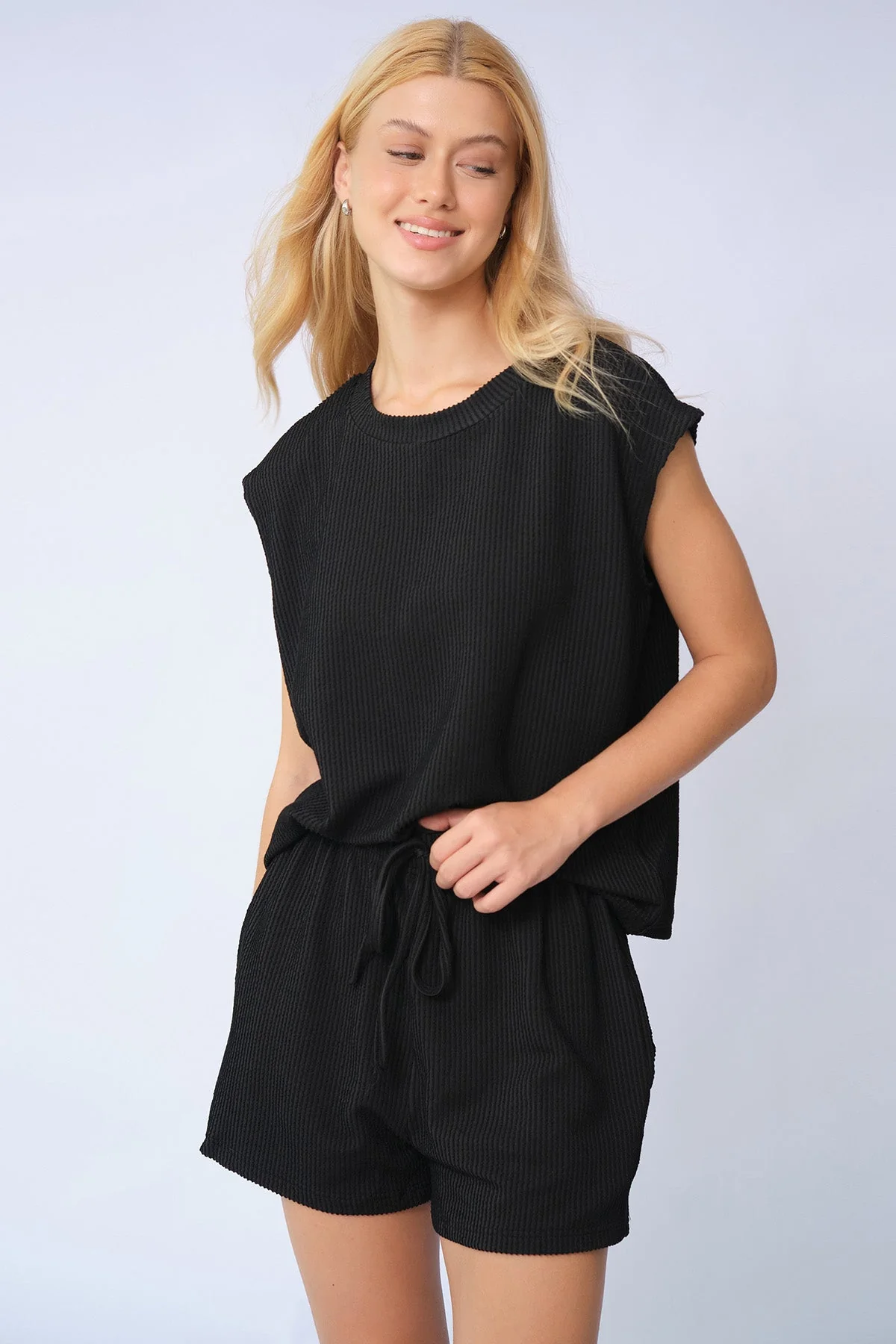 KATCH ME Pinstripe Cap Sleeve Top & Drawstring Shorts Co-ord Set - Image 4