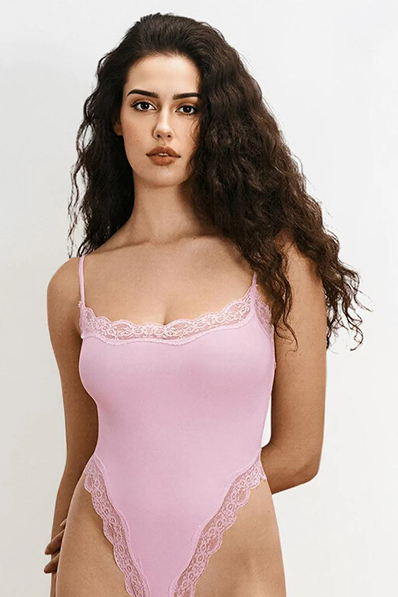 KATCH ME Solid Spaghetti Strap Lace Trim Stretch Bodysuit