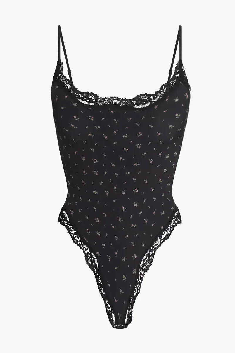 KATCH ME Solid Spaghetti Strap Lace Trim Stretch Bodysuit - Image 10