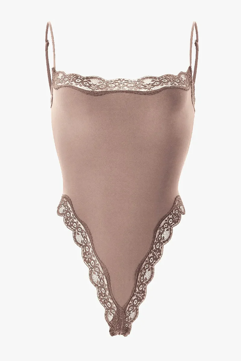 KATCH ME Solid Spaghetti Strap Lace Trim Stretch Bodysuit - Image 11