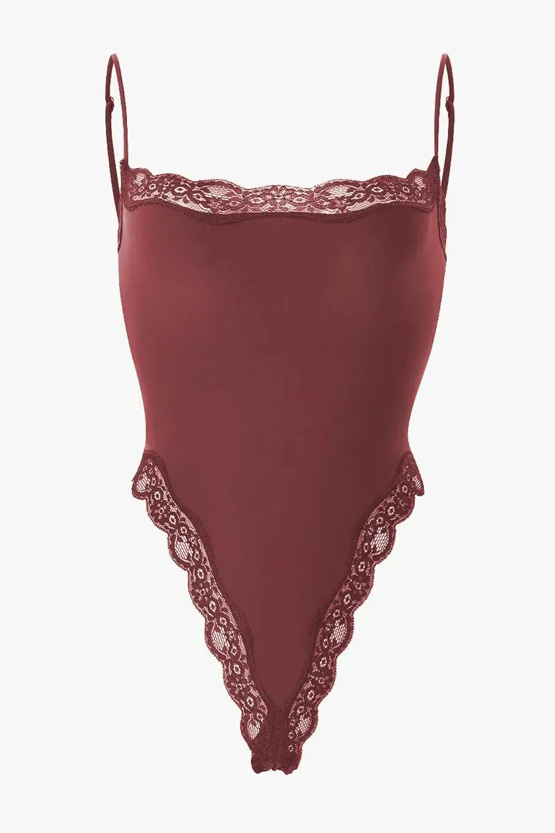 KATCH ME Solid Spaghetti Strap Lace Trim Stretch Bodysuit - Image 13