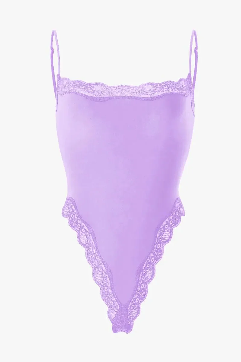 KATCH ME Solid Spaghetti Strap Lace Trim Stretch Bodysuit - Image 14