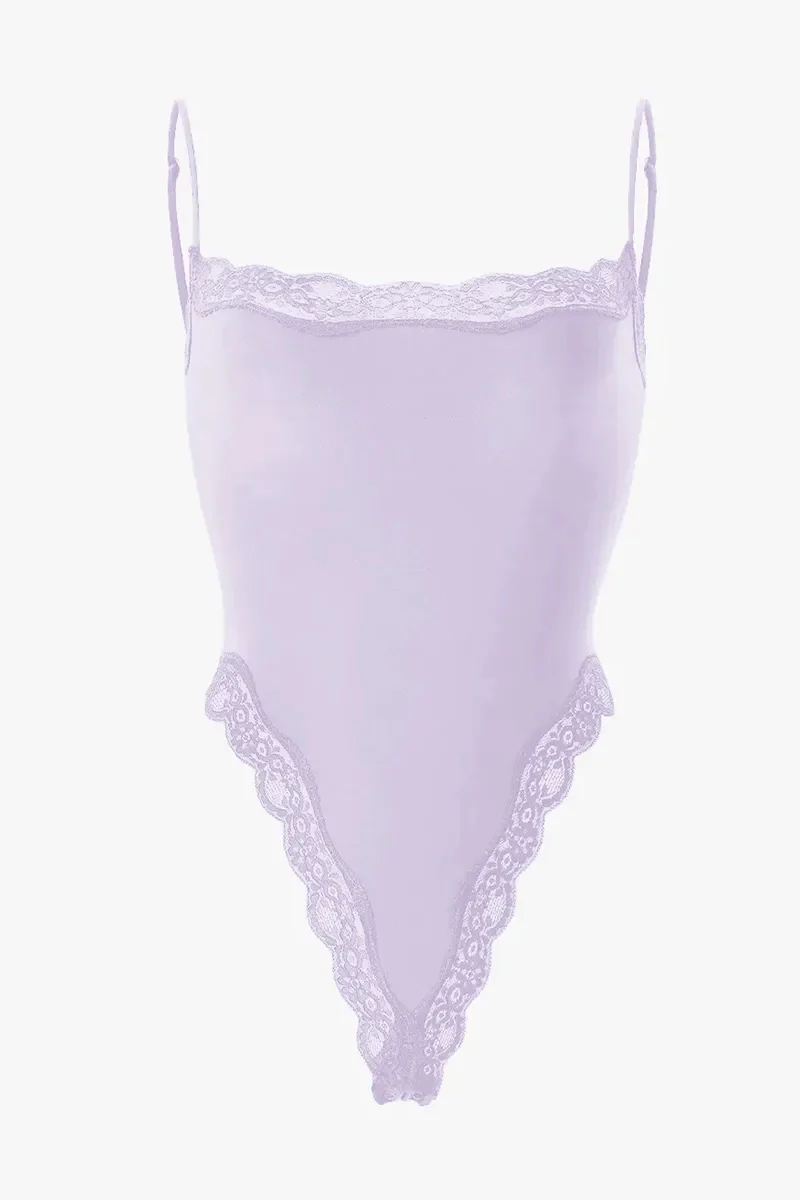 KATCH ME Solid Spaghetti Strap Lace Trim Stretch Bodysuit - Image 15
