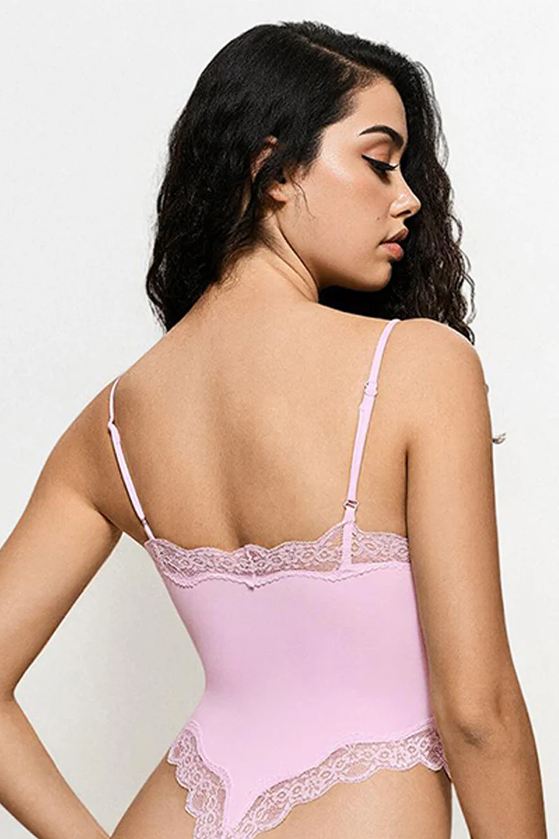 KATCH ME Solid Spaghetti Strap Lace Trim Stretch Bodysuit - Image 2