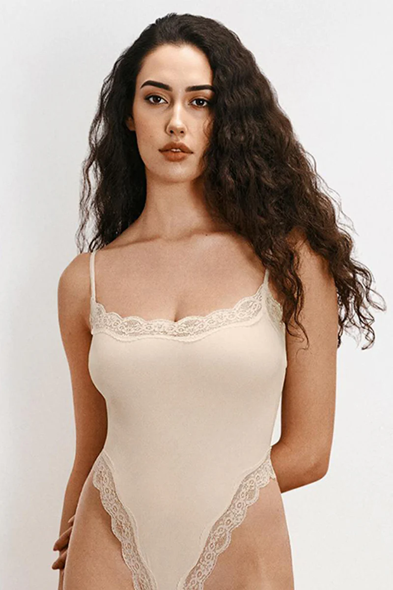 KATCH ME Solid Spaghetti Strap Lace Trim Stretch Bodysuit - Image 3