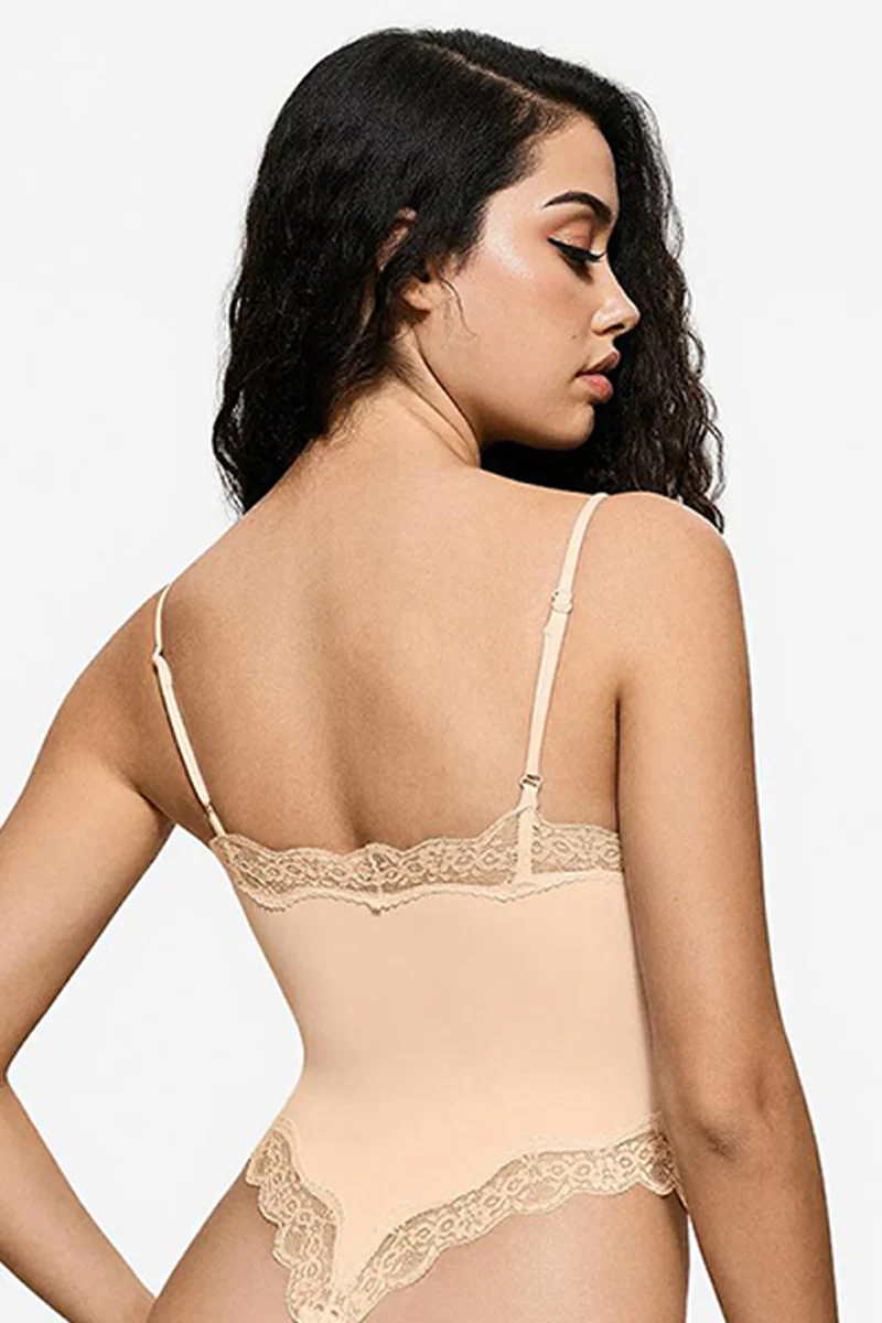 KATCH ME Solid Spaghetti Strap Lace Trim Stretch Bodysuit - Image 4