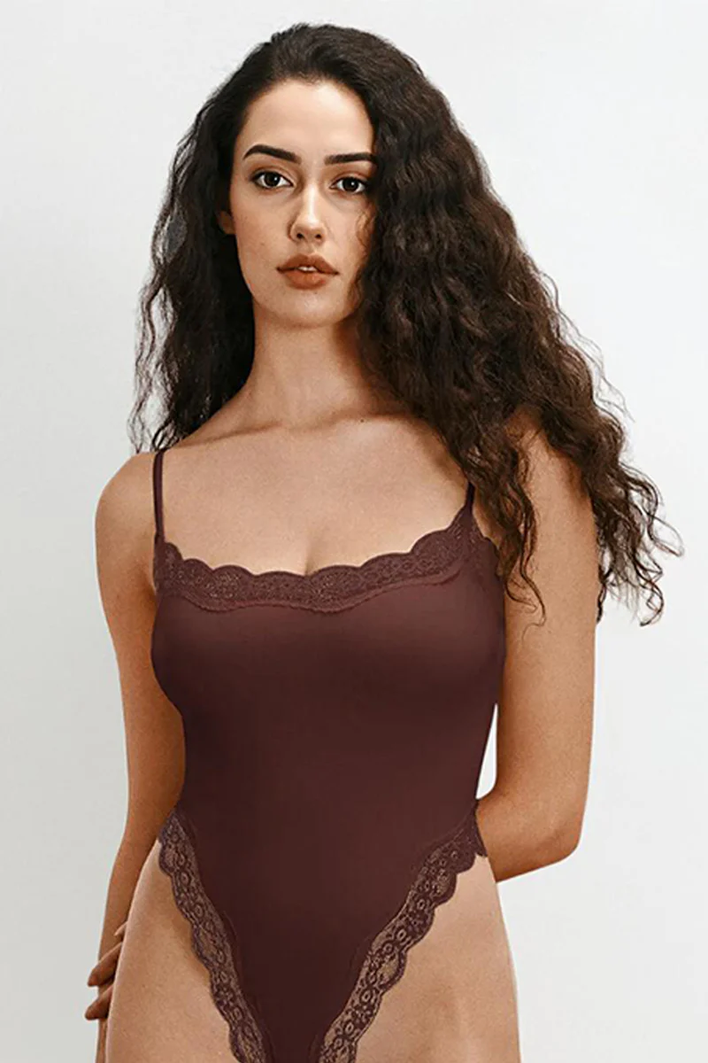 KATCH ME Solid Spaghetti Strap Lace Trim Stretch Bodysuit - Image 5