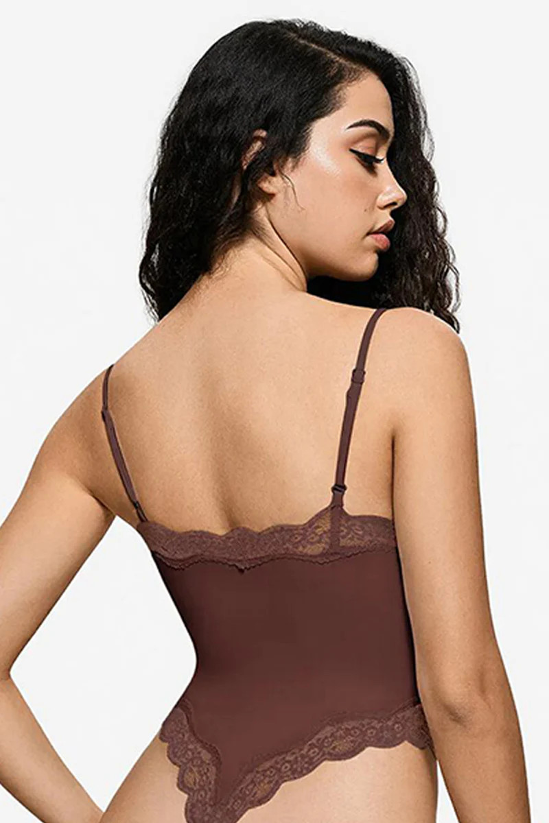 KATCH ME Solid Spaghetti Strap Lace Trim Stretch Bodysuit - Image 6