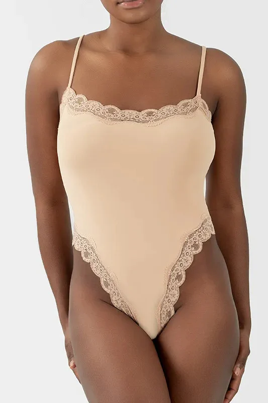 KATCH ME Solid Spaghetti Strap Lace Trim Stretch Bodysuit - Image 9