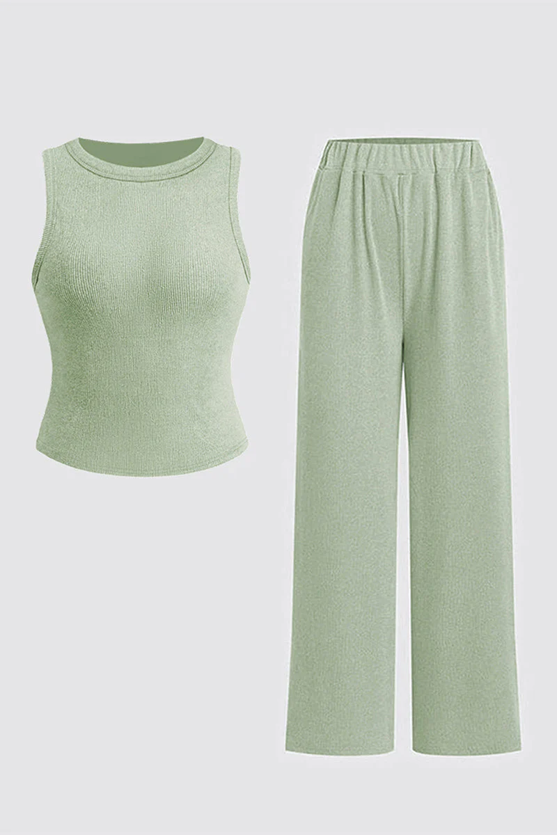KATCH ME Solid Shelf-Bra Tank Top & Wide-Leg Trousers Summer Co-ord Set
