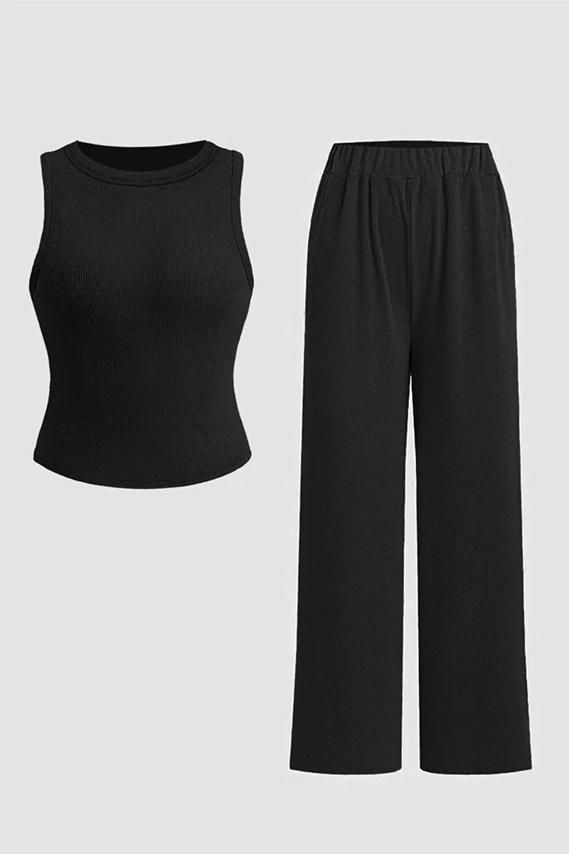 KATCH ME Solid Shelf-Bra Tank Top & Wide-Leg Trousers Summer Co-ord Set - Image 15