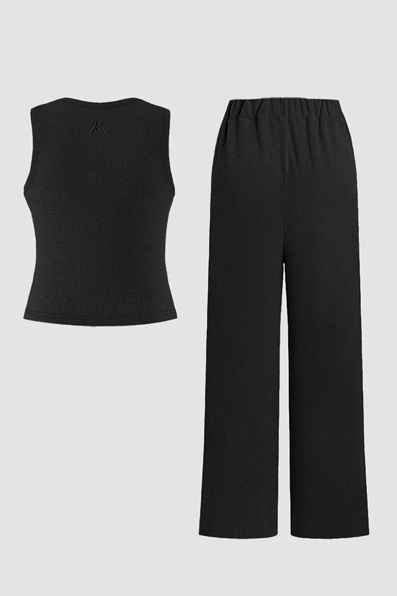 KATCH ME Solid Shelf-Bra Tank Top & Wide-Leg Trousers Summer Co-ord Set - Image 16