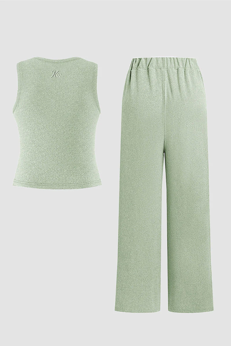 KATCH ME Solid Shelf-Bra Tank Top & Wide-Leg Trousers Summer Co-ord Set - Image 2