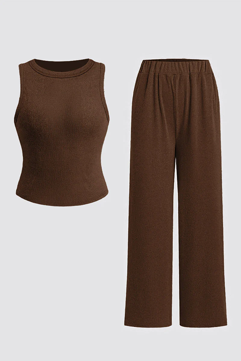 KATCH ME Solid Shelf-Bra Tank Top & Wide-Leg Trousers Summer Co-ord Set - Image 8