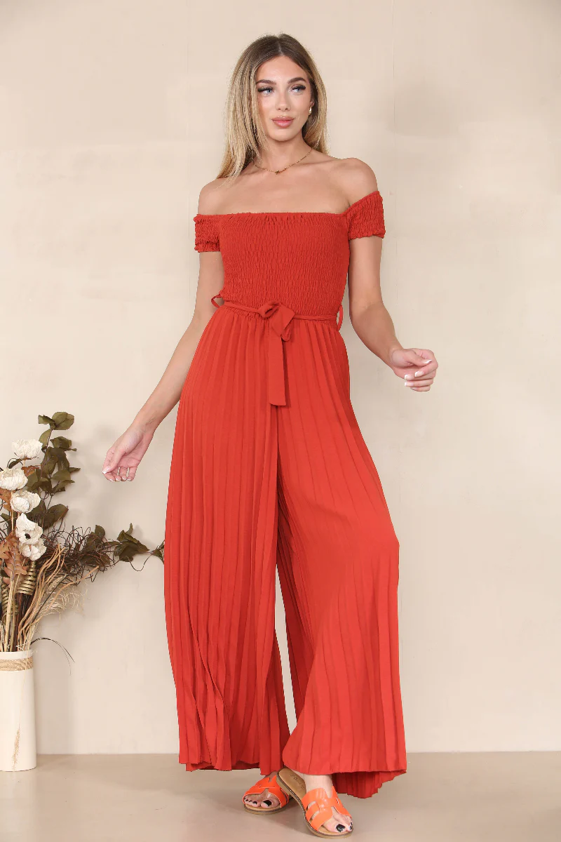 KATCH ME Off The Shoulder Waist Tie Pleated Jumpsuit - Image 8