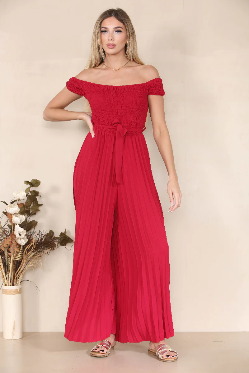 KATCH ME Off The Shoulder Waist Tie Pleated Jumpsuit - Image 9