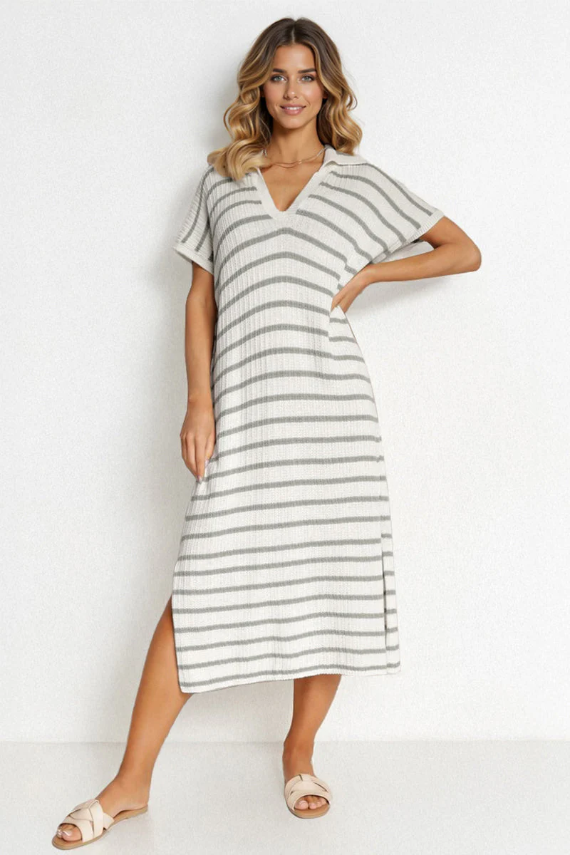 KATCH ME V-Neck Batwing Striped Collar Side Slit Midi Dress