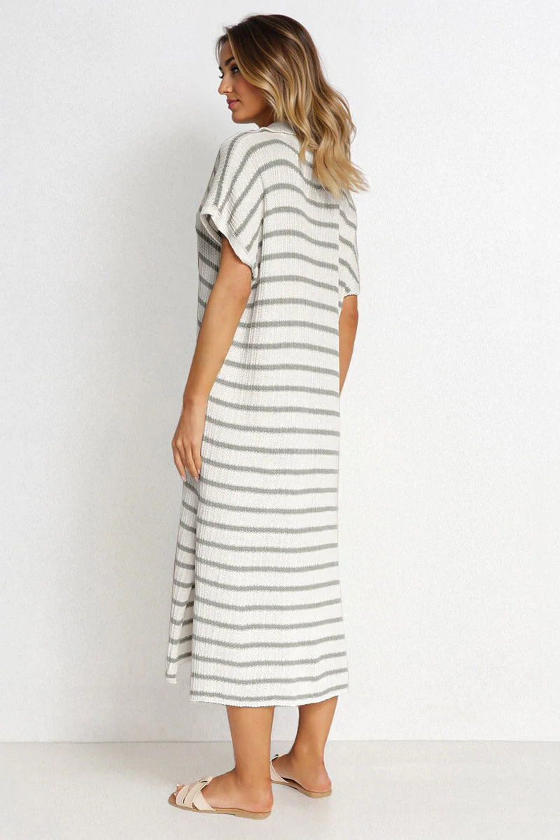 KATCH ME V-Neck Batwing Striped Collar Side Slit Midi Dress - Image 2
