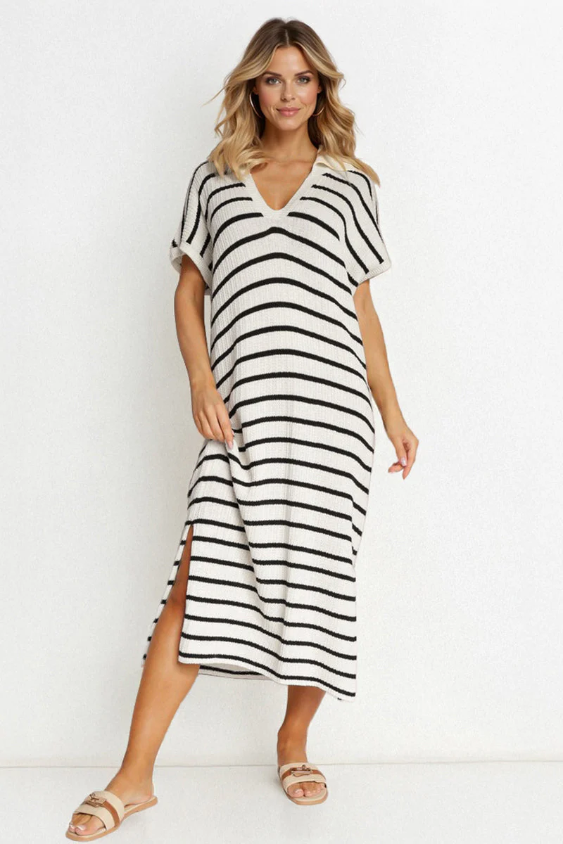KATCH ME V-Neck Batwing Striped Collar Side Slit Midi Dress - Image 3