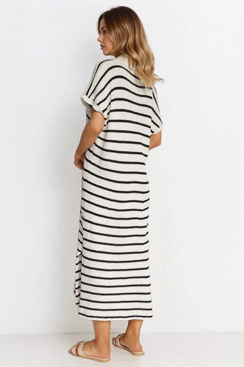 KATCH ME V-Neck Batwing Striped Collar Side Slit Midi Dress - Image 4